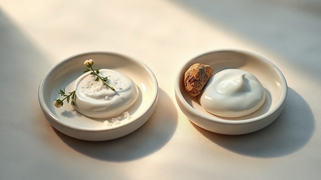 Two dishes of pale toothpaste, one with botanical and xylitol cues, one paired with a mineral pebble, representing fluoride-free options