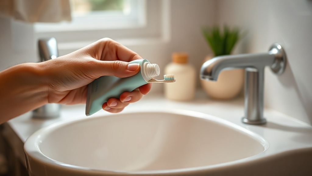 A parent's hand squeezing a small amount of pale toothpaste from a plain tube onto a toddler toothbrush