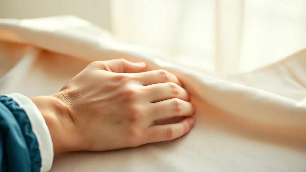 A relaxed hand resting a warm compress against soft fabric, suggesting gentle jaw self-care