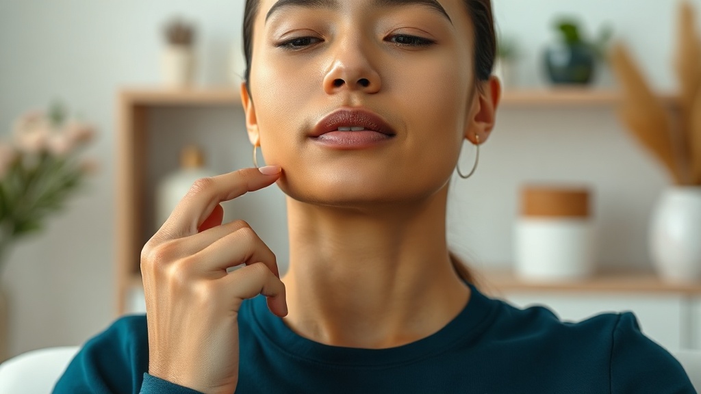 A person guiding a slow, controlled jaw-opening movement with two fingertips resting at the chin
