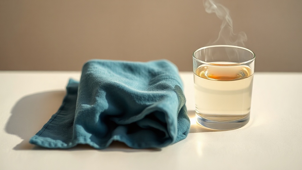 A warm folded compress cloth and a glass of water on a soft cream surface