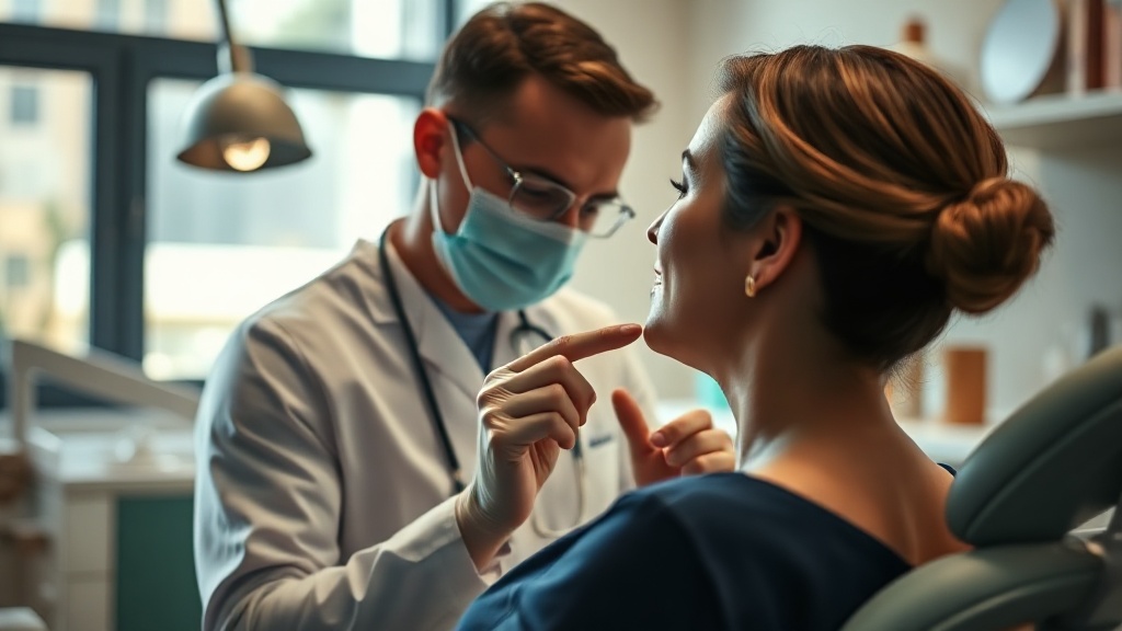 A dental professional gently examining a seated patient's jaw near the ear in a calm clinic