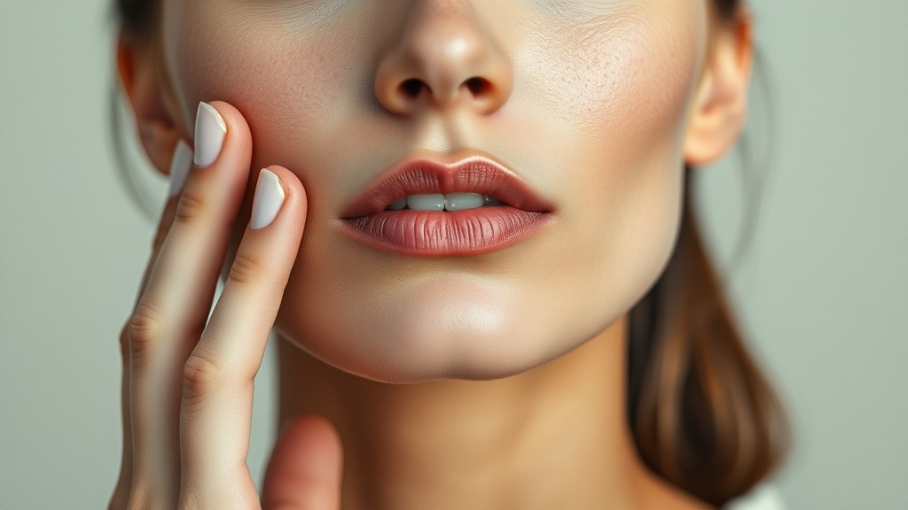 A calm adult resting two fingertips against the jaw joint in front of the ear