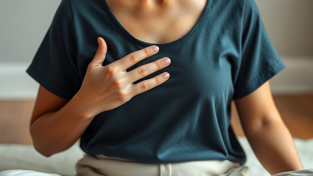 A person practising slow diaphragmatic breathing with one hand on the chest and one on the belly