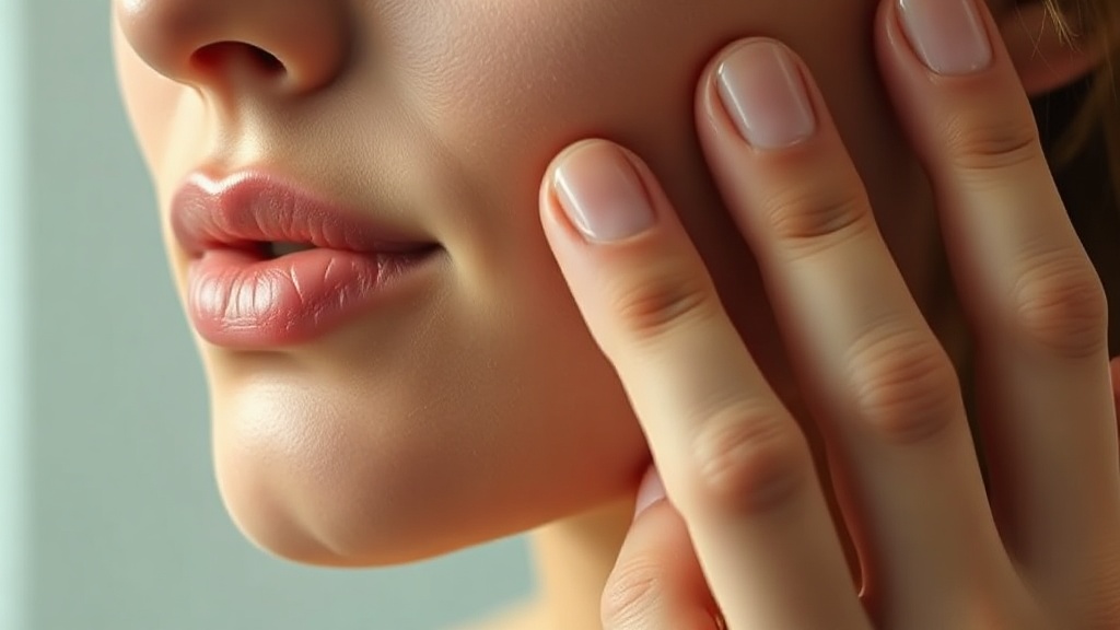 Fingertips making slow, light circles over the jaw muscle in a gentle self-massage