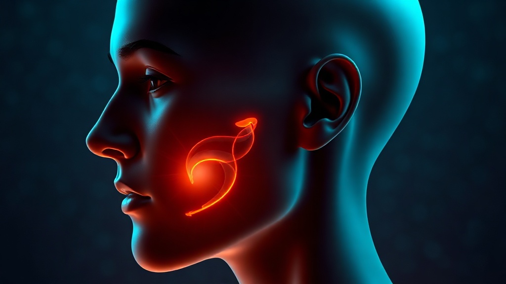 Conceptual illustration of the jaw-closing muscles glowing with tension at the cheek and temple