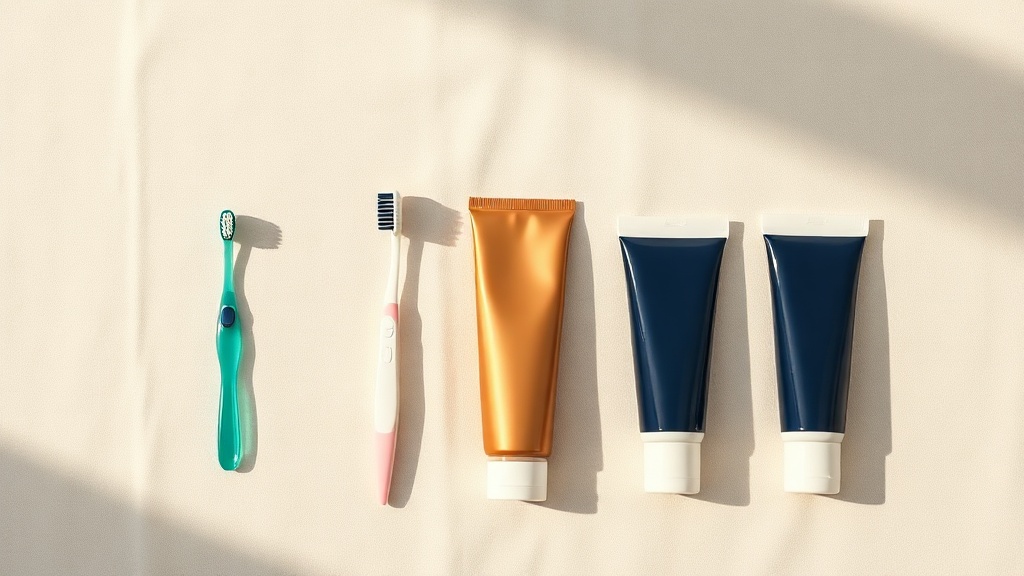 Graduated kids toothbrushes and unbranded pastel toothpaste tubes laid in a row