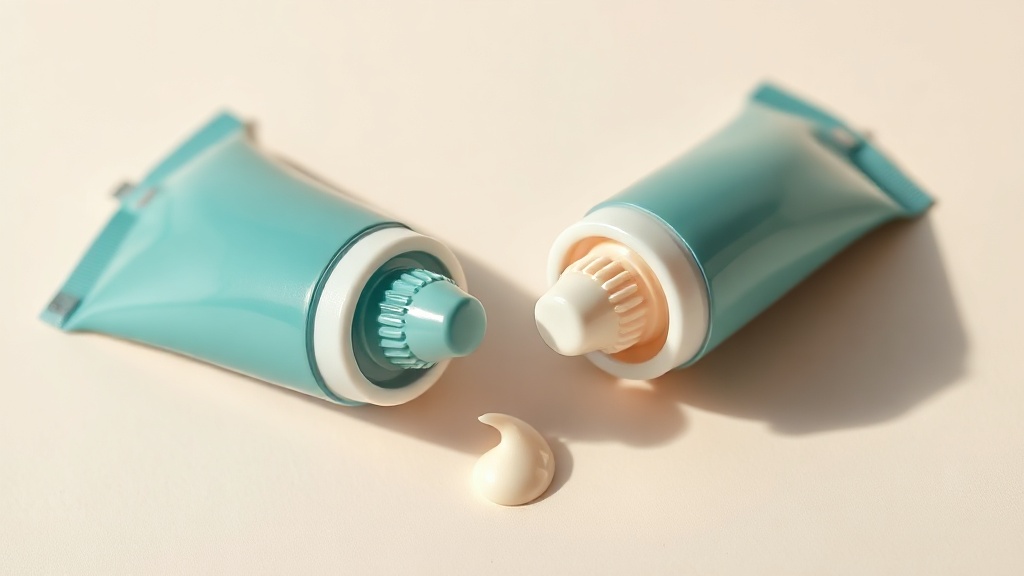 Two unbranded toothpaste tubes facing each other with a dab of paste from each meeting in the middle