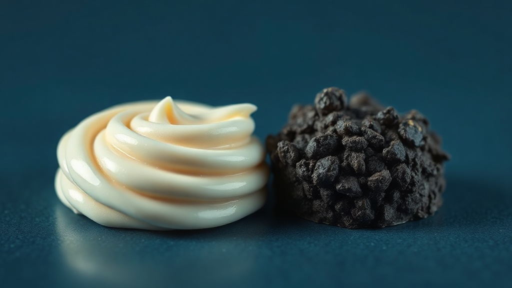 A smooth creamy toothpaste beside a gritty dark charcoal paste, showing the difference in abrasiveness