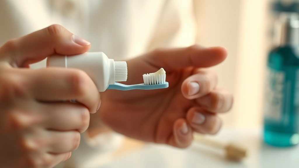 A parent squeezing a pea-sized amount of pale toothpaste onto a small child's toothbrush
