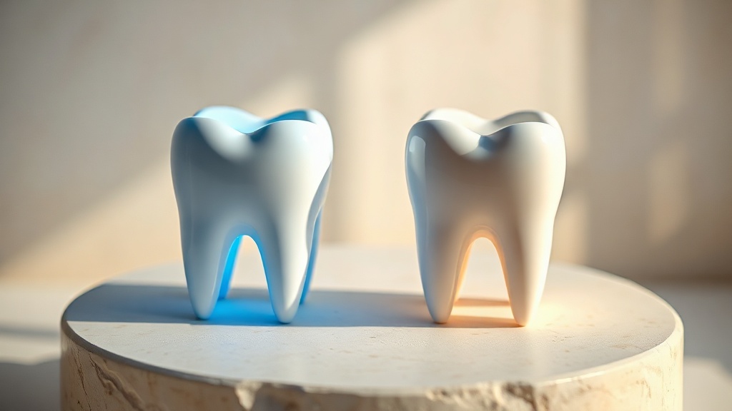 Two identical bright tooth models side by side, one under a blue laser light and one in plain daylight, appearing the same shade