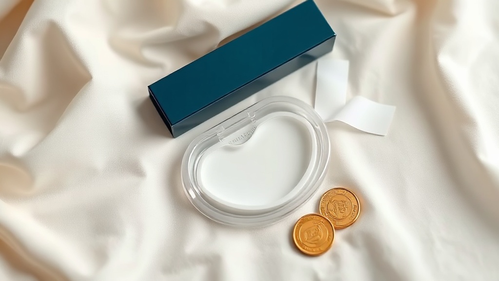 A flat-lay of a clear whitening tray, whitening strips and a small stack of gold coins on cream linen