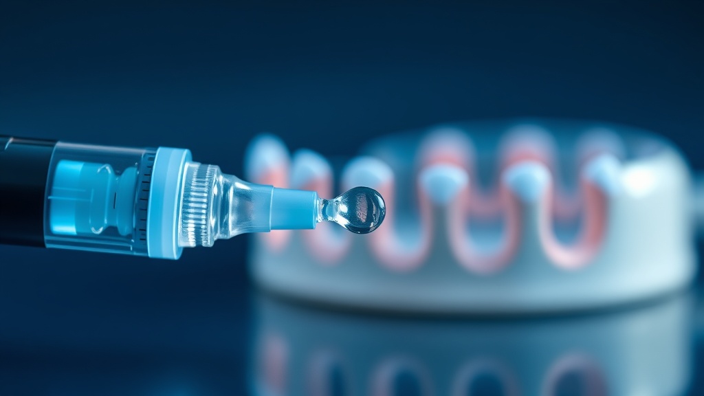 A gel syringe dispensing a clear drop with a glowing blue LED mouthpiece blurred behind it