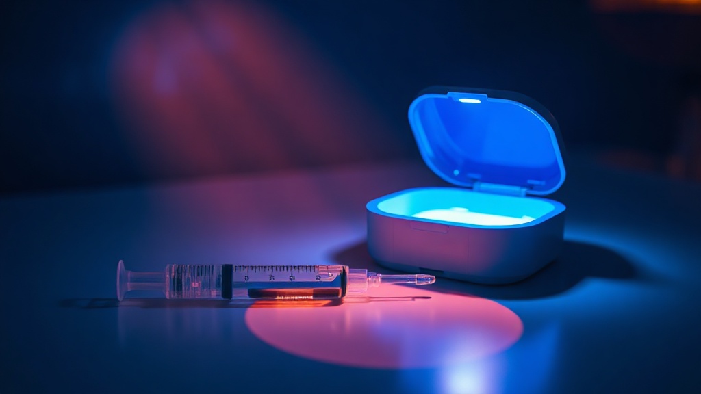 A dramatically glowing blue LED case beside a plainly lit gel syringe