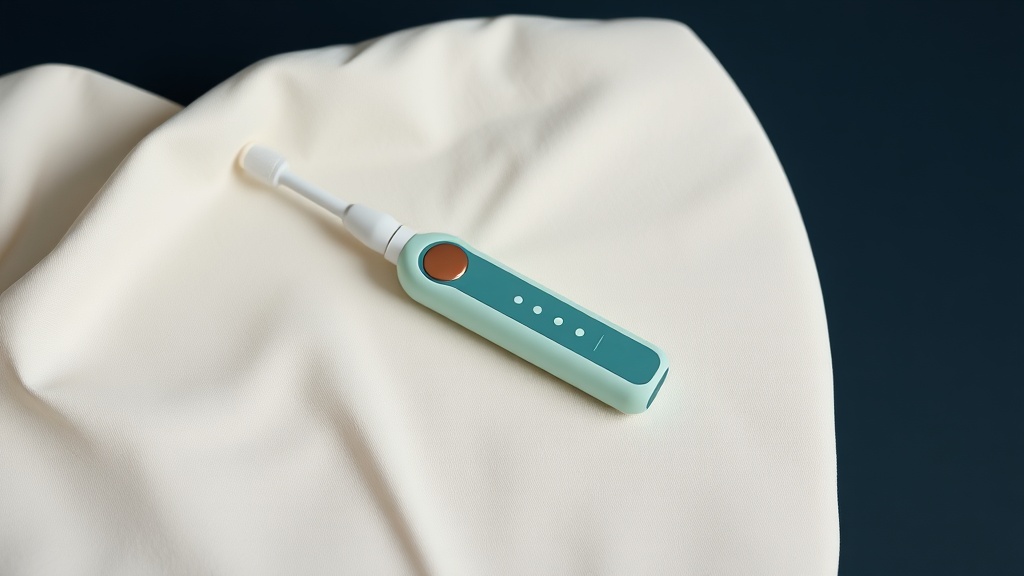 A compact cordless low-pressure flosser resting beside its lowest pressure indicator