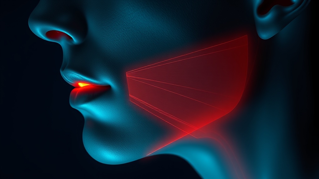 Conceptual illustration of the fan-shaped masseter muscle mapped over the cheek and jaw