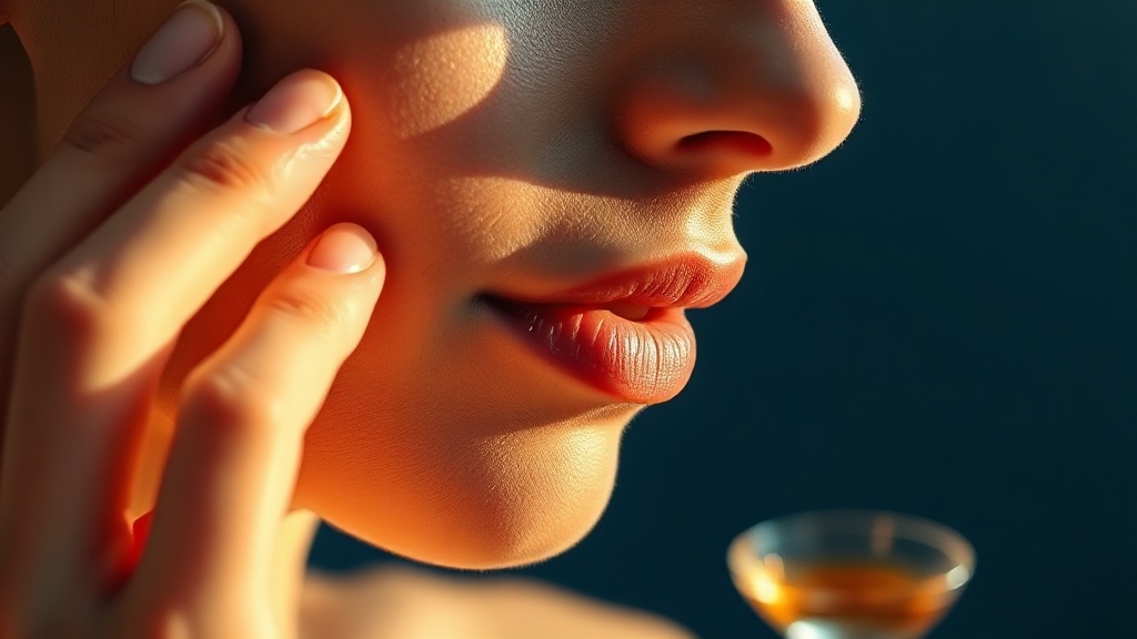 Two knuckles gently rolling along the cheek jaw muscle in a self-massage