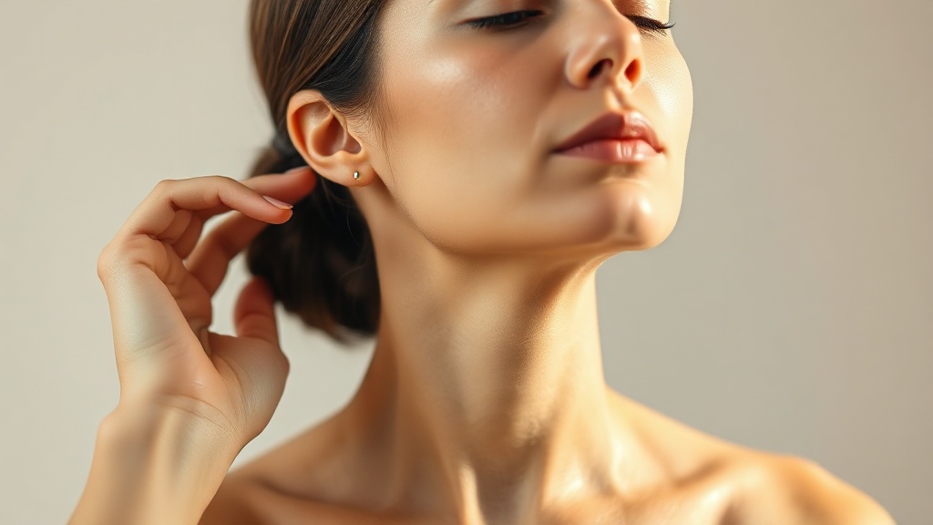 A person lifting the chin and lengthening the neck to change how the jawline looks
