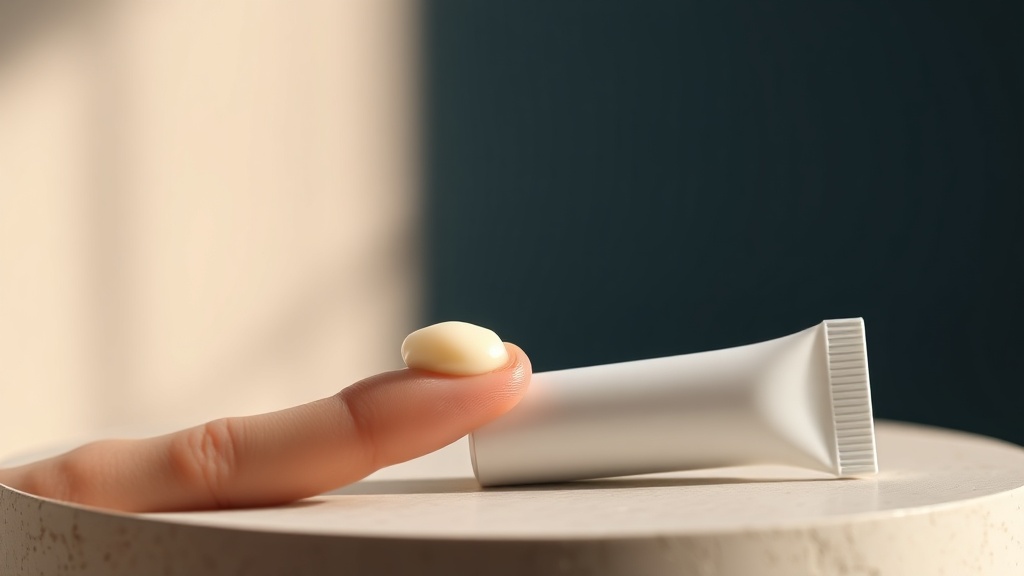 A pea-sized dab of pale crème on a fingertip beside a clean tooth motif
