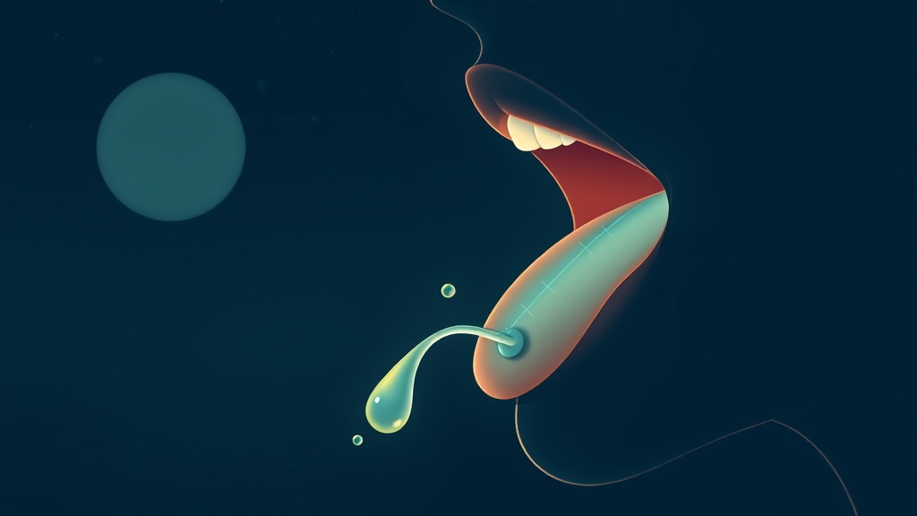 Conceptual illustration of a mouth at night with saliva flow slowed and bacteria building on the tongue