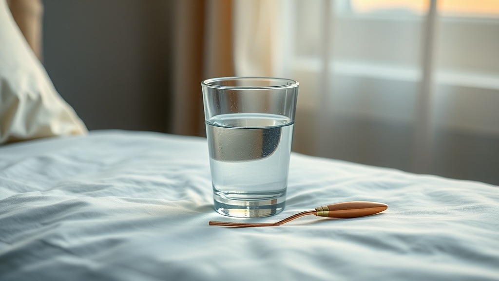 A glass of water and a copper tongue scraper on a bedside surface in soft morning light