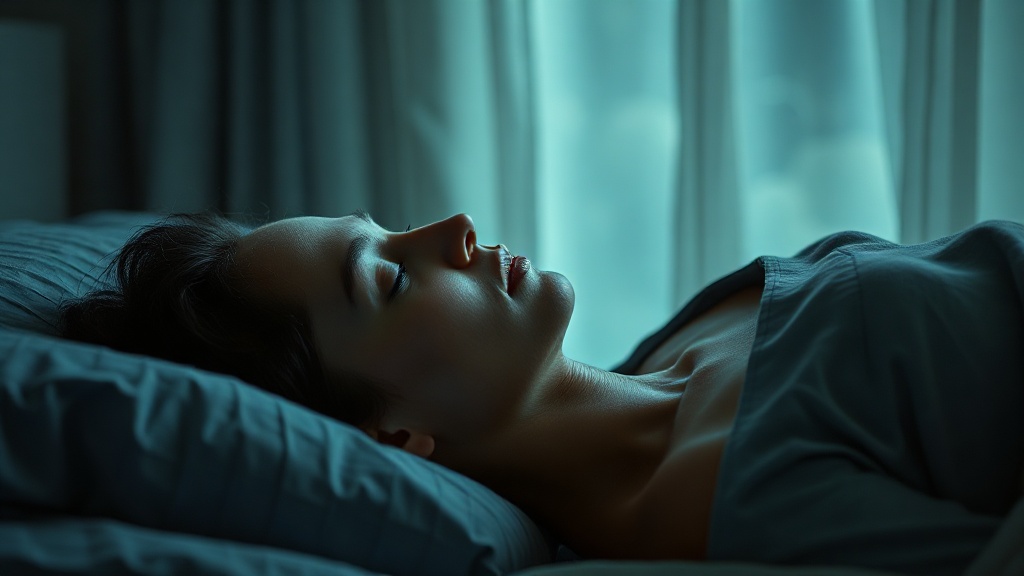 A person sleeping calmly on their side breathing through the nose in a dim bedroom