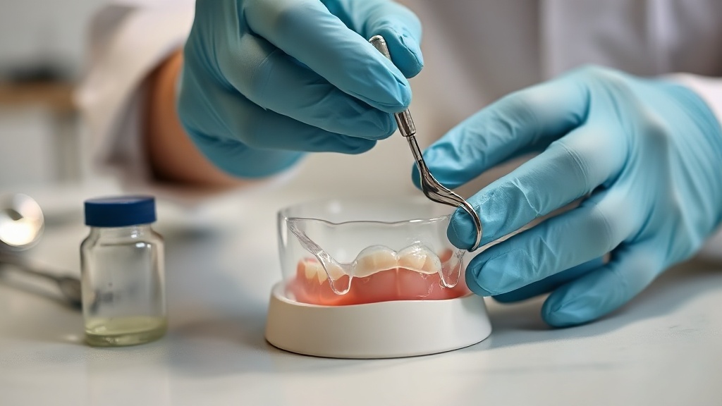 A dental technician's gloved hands finishing a clear custom night guard on a lab bench