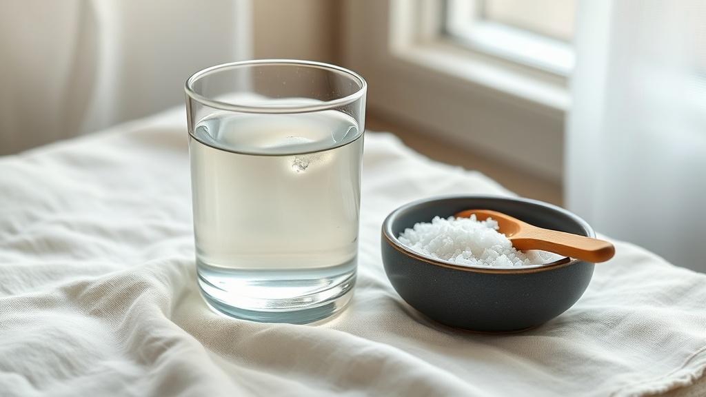 A clear glass of salt water beside a small dish of salt on cream linen