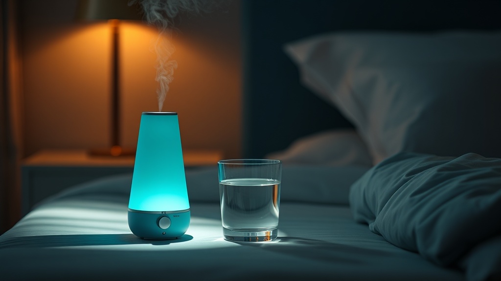 A calm bedside scene with a humidifier and water glass representing gentle ways to keep the mouth moist