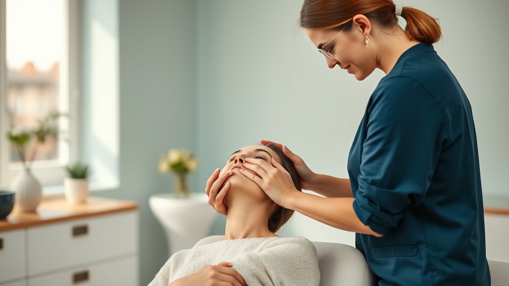 A myofunctional therapist guiding a seated adult through a facial exercise in a calm clinic
