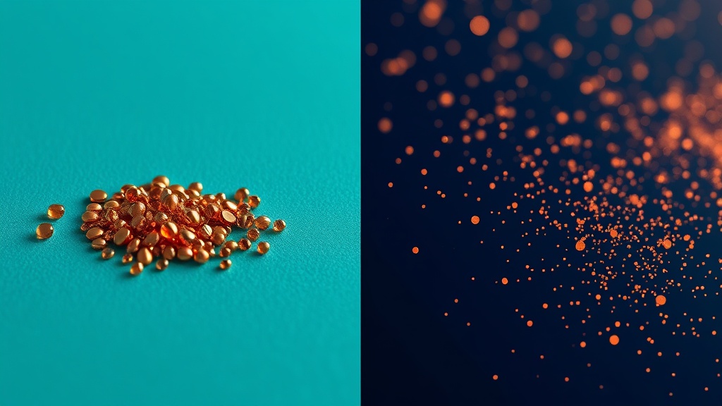 Diagram comparing large micro-hydroxyapatite particles resting on enamel with tiny nano particles settling into surface pores