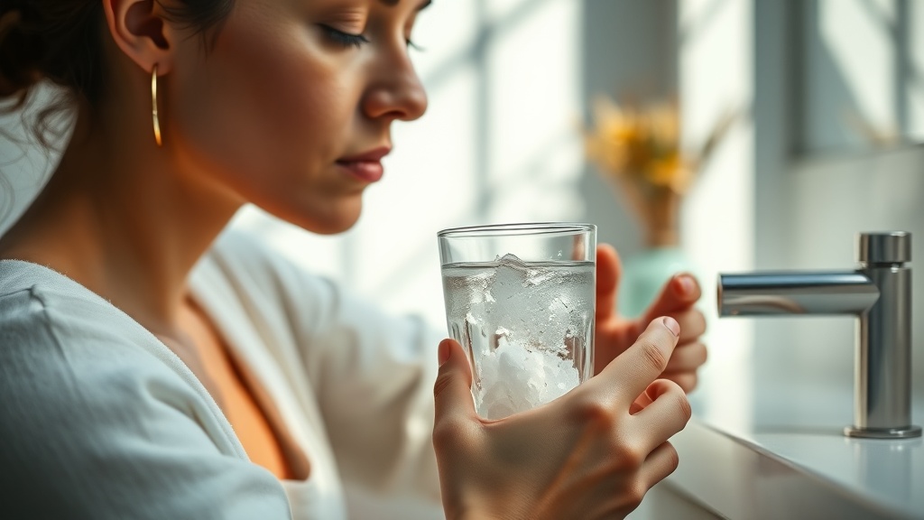 A gentle warm salt-water rinse beside a calm healthy smile