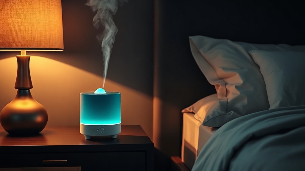 A humidifier releasing soft mist on a bedside table in a calm dark bedroom