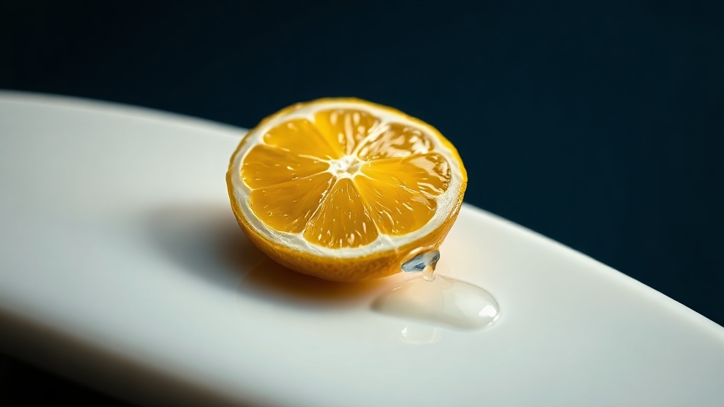 A sliced lemon on a white surface with an acidic droplet etching the enamel-like finish