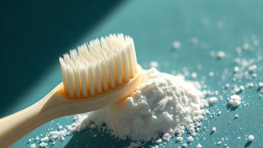 A soft toothbrush lifting a faint surface film from luminous enamel with fine baking-soda powder