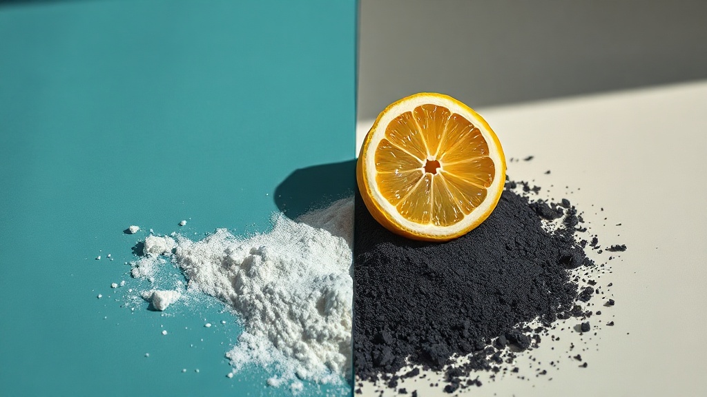 Split image contrasting smooth polished enamel with baking soda against gritty black charcoal and a cut lemon on a roughened surface