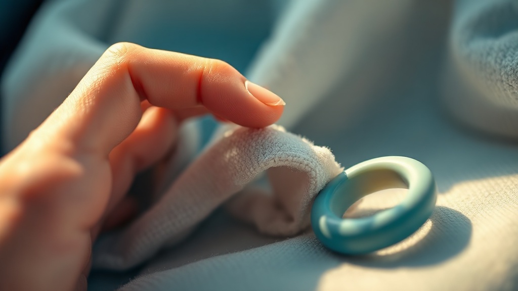 A parent's clean fingertip resting against a soft cotton cloth beside a small teether, in warm light