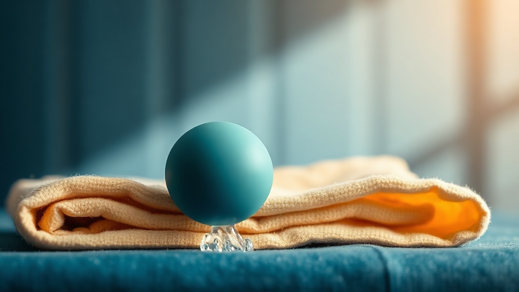 A single chilled solid silicone teether resting on a folded cloth with faint condensation, in soft light