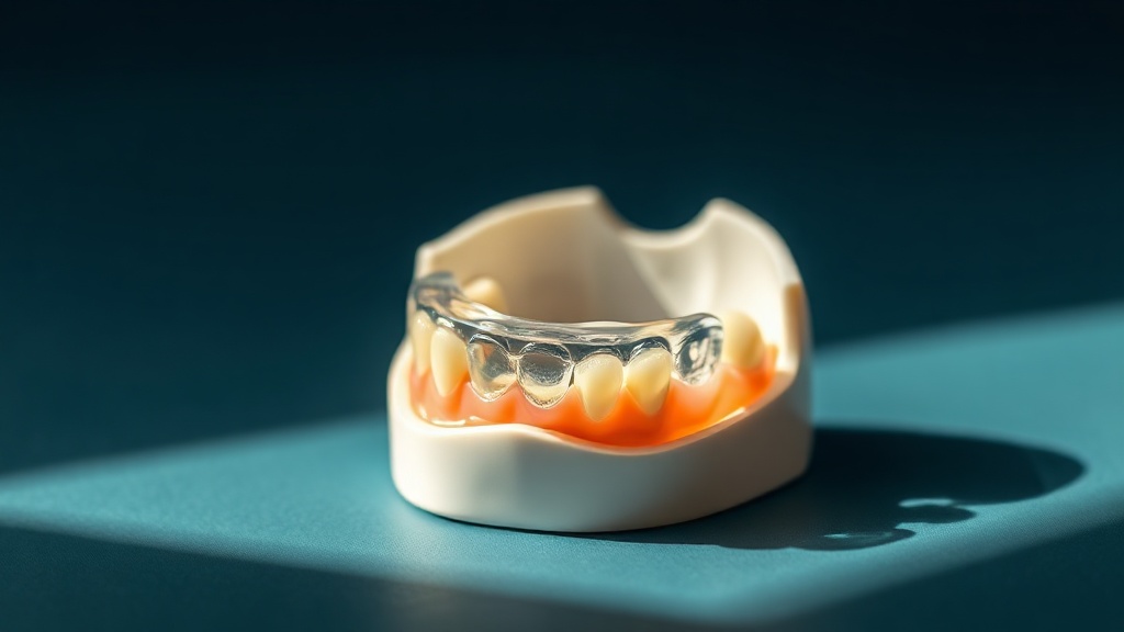 A small transparent anterior device sitting over only the front teeth, with the back teeth left uncovered and slightly apart