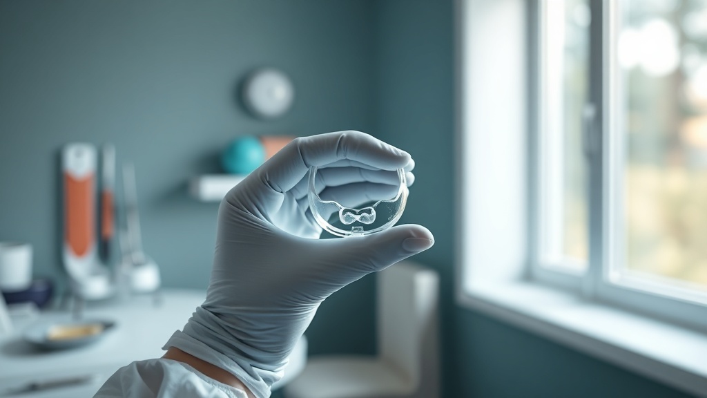 A dentist's gloved hands holding a small clear custom night guard up to soft window light in a calm clinic