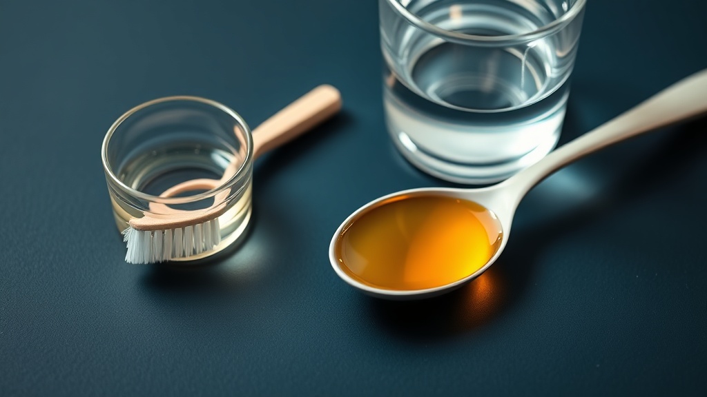 A spoon of golden oil beside a toothbrush, suggesting oil pulling as an adjunct to brushing