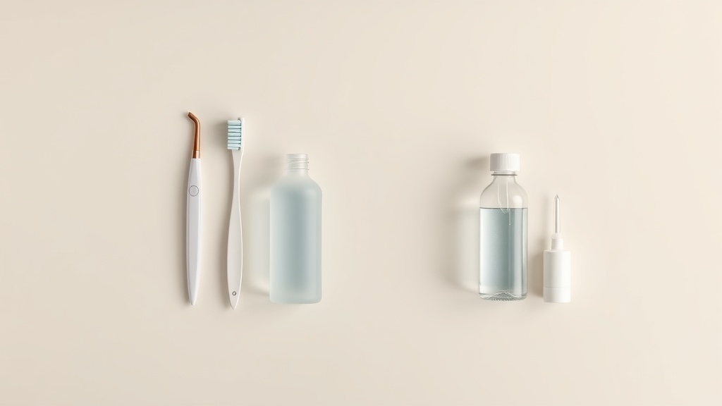 Still-life of a tongue scraper, alcohol-free rinse and low-pressure irrigator tip