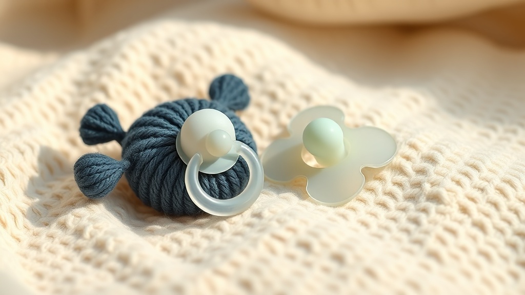 A pacifier resting beside a small soft comfort toy on a cream knitted blanket