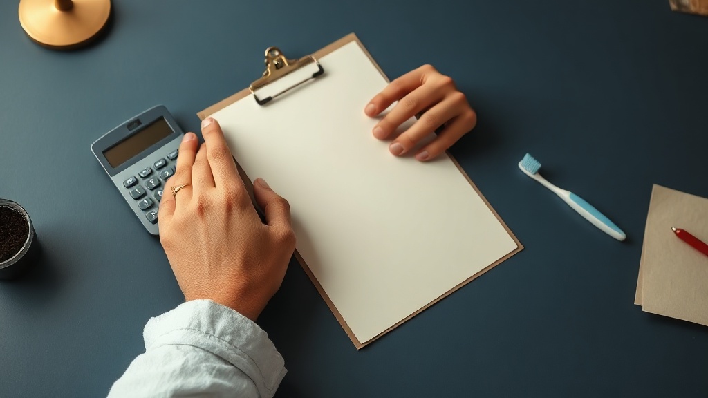 A parent's hands reviewing a blank clipboard beside a calculator and a child's toothbrush on a navy desk