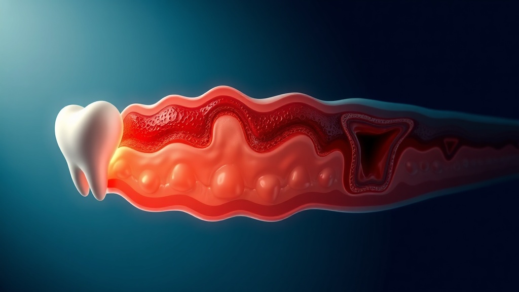 A gradient illustration showing the progression from healthy gums through gingivitis to periodontitis