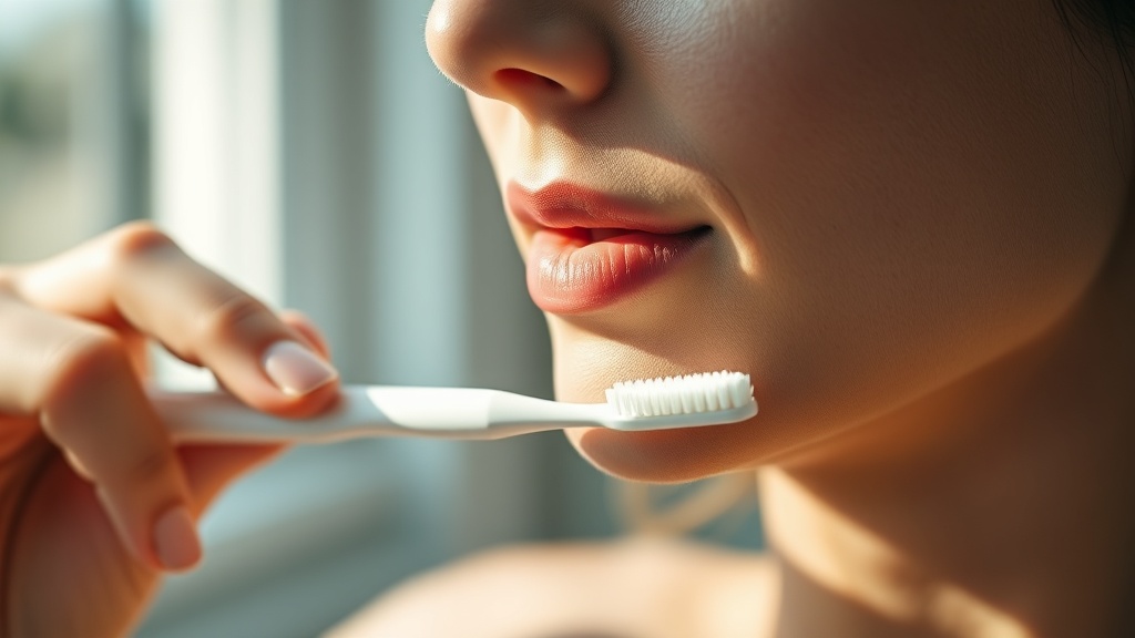 A close, natural portrait detail of a person noticing early gum inflammation while brushing