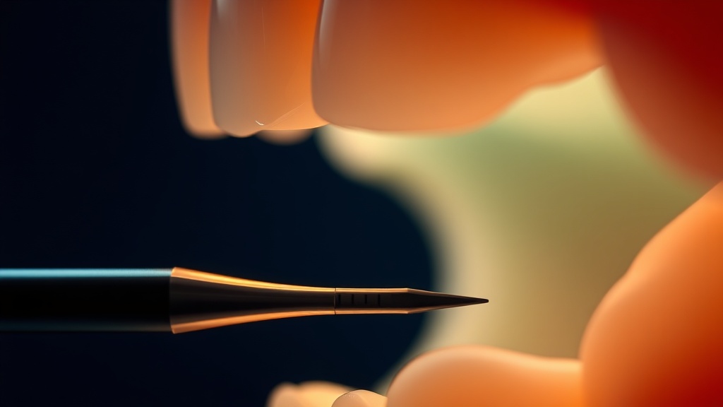 A periodontal probe being inserted into the gum sulcus to measure pocket depth in millimetres