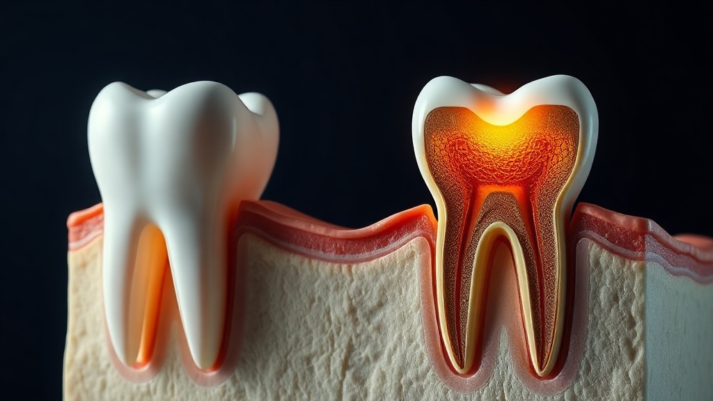 Cross-section comparison of a healthy tooth and a tooth with periodontitis showing bone loss and a deepened pocket