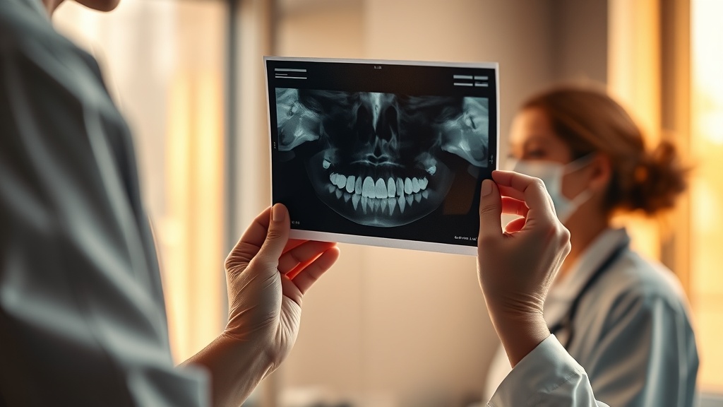 A periodontist reviewing a dental X-ray with a patient in a calm clinical setting