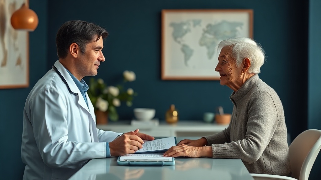 A physician explaining a prescription to an older patient across a calm clinic desk